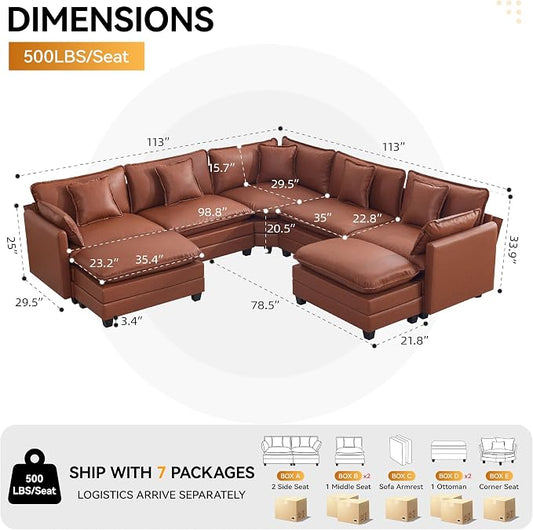 137'' V Shaped Cloud Sectional Sofa, Oversized Deep Seat Leather Couches for Living Room, Comfy Upholstered Modular Sectional Sofa Couch, Leather Brown