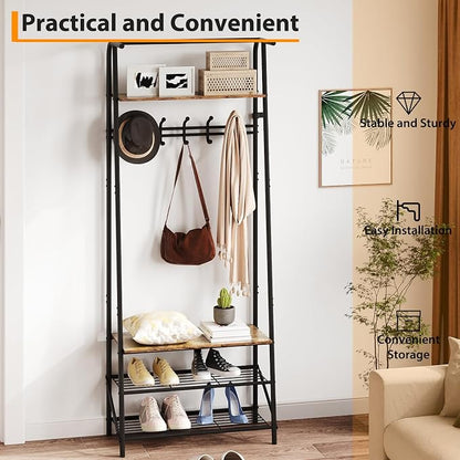 Jojoka Coat Rack Hall Tree with Shoe Storage Bench, 4-in-1 Entryway Organizer with 10 Hooks & 3-Tier Shoe Rack, Sturdy Metal Frame Freestanding Storage Unit for Hallway, Front Door & Mudroom
