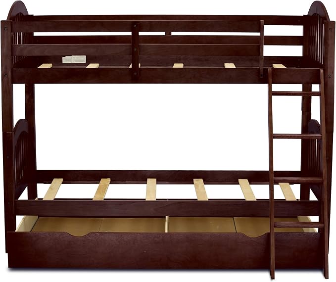 East West Furniture VEB-08-TU Solid Wood Bunk Beds Twin Over Twin with Guard Rail and Trundle, Java Finish