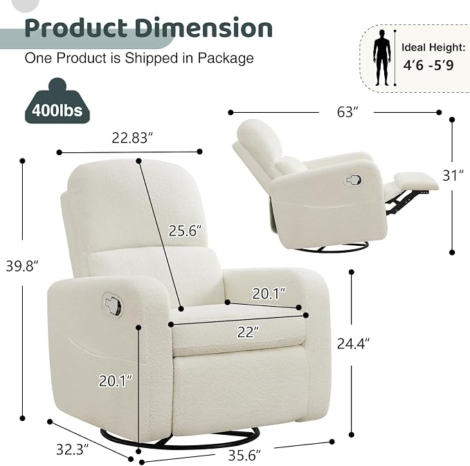 Swivel Rocker Recliner, Oversized Boucle Glider Recliner Nursery, Teddy Manual Swivel Rocking Reclining Chairs with Removable Cushion and Lumbar Support for Nursery Living Room Bedroom, White