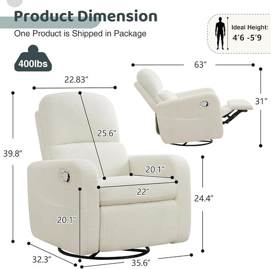 Swivel Rocker Recliner, Oversized Boucle Glider Recliner Nursery, Teddy Manual Swivel Rocking Reclining Chairs with Removable Cushion and Lumbar Support for Nursery Living Room Bedroom, White