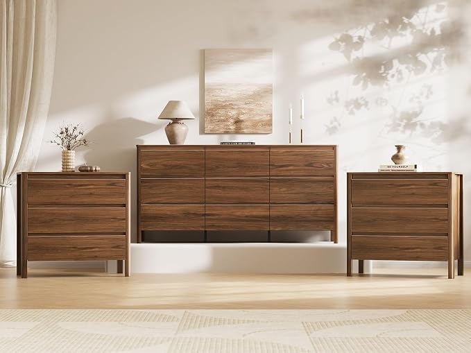 MAISONARIA Walnut 3-Piece Dresser Bedroom Set, 9 Drawers Dresser & 3 Drawer Nightstands with Hidden Handles, Wood Chest of Drawers for Bedroom, Living Room, Entryway