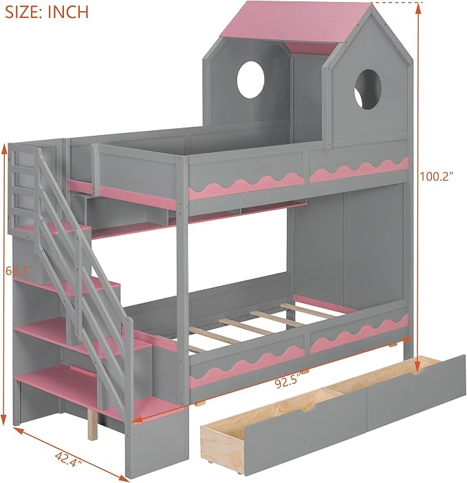 Virubi Twin House Bunk Bed with Stairs and Drawers,Wood Castle Bed with Storage Drawers Shelves& LED Lights (Twin Over Twin,Grey)