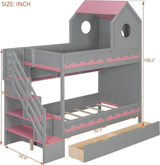 Virubi Twin House Bunk Bed with Stairs and Drawers,Wood Castle Bed with Storage Drawers Shelves& LED Lights (Twin Over Twin,Grey)