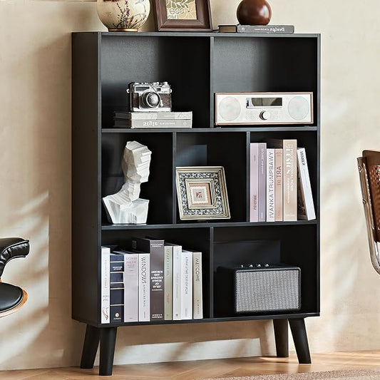 LEYAOYAO 7 Cube Black Bookshelf, 3 Tier Modern Bookcase with Legs, Wood Cubeicals Organizer Storage Open Shelves, Retro Display Book Shelf, Freestanding Short Book case for Bedroom,Living Room,Office