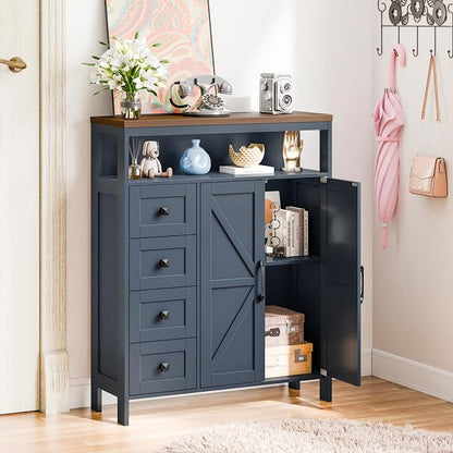 Vabches Farmhouse Storage Cabinet with 2 Doors and 4 Drawers, Freestanding Bathroom Compartment Kitchen Pantry Cabinet, Floor Cupboard for Kitchen/Living Room/Bathroom,Blue