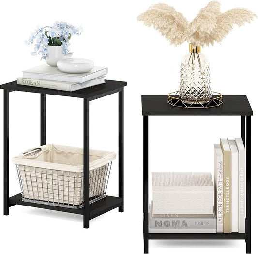 Furinno SIMPLISTIC Side Table Set of 2, 2-Tier Modern Metal Frame End Table with Open Shelf, Night Stand, Bedside Table, Easy Assembly, for Living Room, Bedroom, Espresso