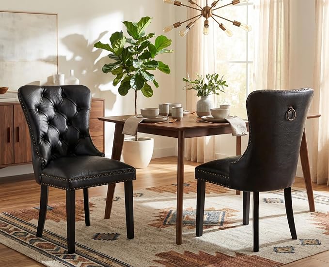 CIMOTA Black Leather Dining Chairs Set of 2 Mid Century Modern Dining Room Chairs Tufted Upholstered Kitchen Dining Chairs Comfortable Side Chairs with Nailhead Trim/Ring Back (PU /2PCS)