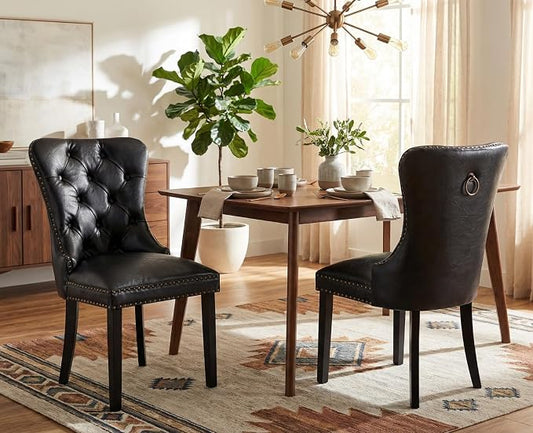 CIMOTA Black Leather Dining Chairs Set of 2 Mid Century Modern Dining Room Chairs Tufted Upholstered Kitchen Dining Chairs Comfortable Side Chairs with Nailhead Trim/Ring Back (PU /2PCS)
