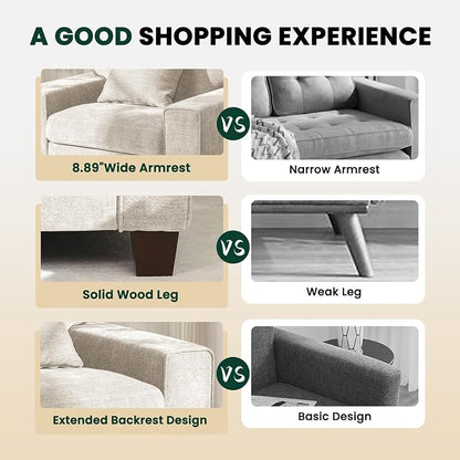 DOPEDIO Modern Living Room Sofa Set, 88.58" Chenille Loveseat with 2 Accent Chairs, Removable Covers, Spring Cushions, Solid Wood Frame, Easy Assembly（88.58inch+2 Single,Beige）