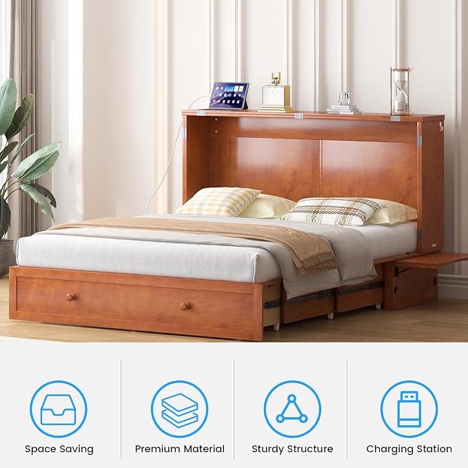 PUREMIND Queen Murphy Bed with Mattress Included, Murphy Cabinet Bed with Storage Drawer, Built-in Charging Station, Solid Wood Frame, Space-Saving Cabinet Beds for Small Spaces/Guest Room (Cherry)