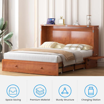 PUREMIND Queen Murphy Bed with Mattress Included, Murphy Cabinet Bed with Storage Drawer, Built-in Charging Station, Solid Wood Frame, Space-Saving Cabinet Beds for Small Spaces/Guest Room (Cherry)