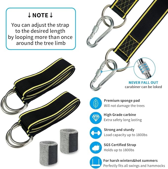 Tree Swing Hanging Straps Kit - Holds 1800 lbs (SGS Certified), 5ftx2 Hammock Straps with 2 Heavy Duty Locking Carabiners and 2 Tree Protectors, Polyester Straps Perfect for Tree Swings & Hammocks