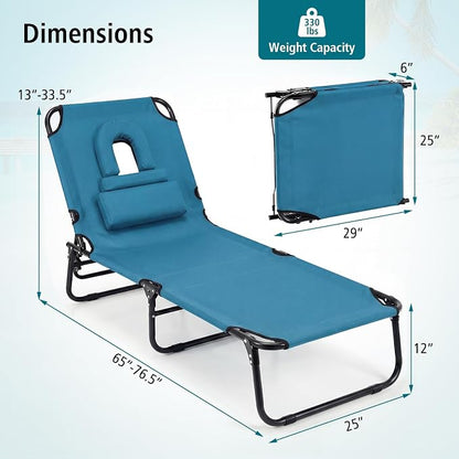 GYMAX Beach Lounge Chair, Sunbathing Chair Patio Lounge Chair Folding Adjustable Recliner with Hole for Face (2)