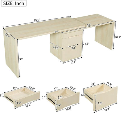90” Modern L-Shaped Desk with 3 Drawers, 360° Wood Rotating Desk, Workstation for Home Office, Living Room, Natural Wood