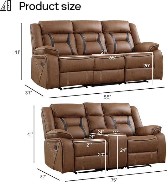 EBELLO Manual Recliner Sofa Set, Faux Leather Reclining Living Room Furniture Set, Included Loveseat and 3 Seat Manual Recliner Sofa, Brown(Loveseat+Sofa)