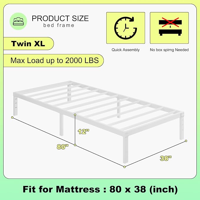 Cieemine 12 Inch Twin XL Bed Frames, Heavy Duty Metal Bed Frame Twin XL, No Box Spring Needed, Easy Assembly, Noise-Free, White