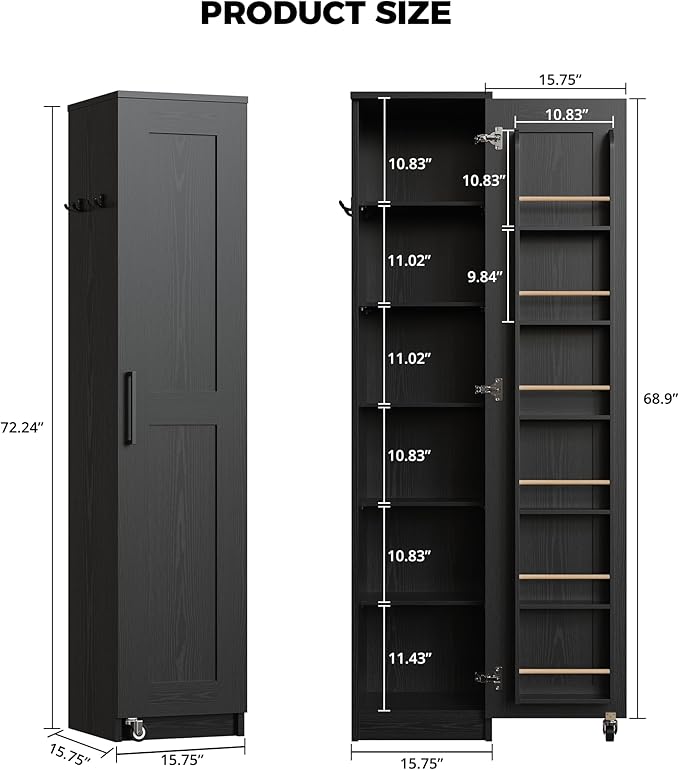 IRONCK Narrow Kitchen Pantry Storage Cabinet, 72" Slim Single Door with 6 Adjustable Shelves, Door Rack and Wheels, Space Saving Freestanding Storage Floor Cabinet for Small Place, Black