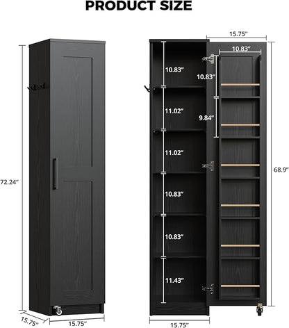 IRONCK Narrow Kitchen Pantry Storage Cabinet, 72" Slim Single Door with 6 Adjustable Shelves, Door Rack and Wheels, Space Saving Freestanding Storage Floor Cabinet for Small Place, Black