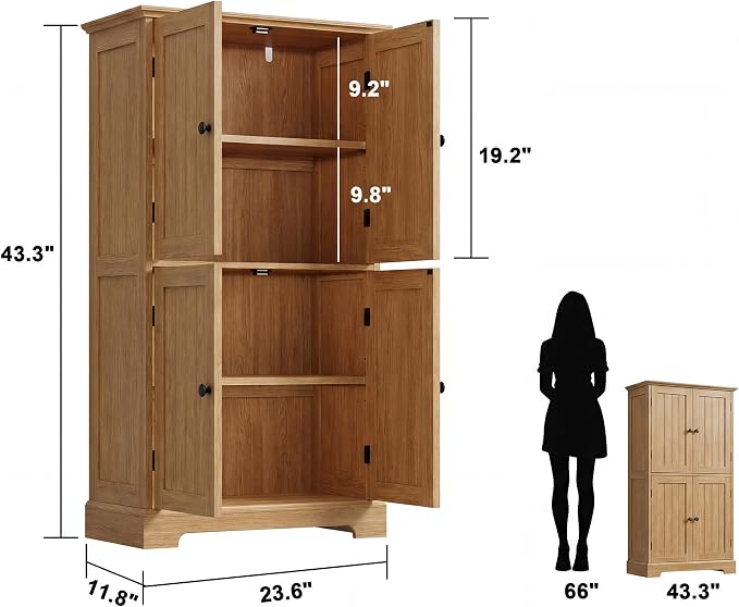ChooChoo Bathroom Floor Cabinet, Modern Bathroom Storage Cabinet with 4 Doors and Adjustable Shelves, Freestanding Cupboard for Living Room, Natural