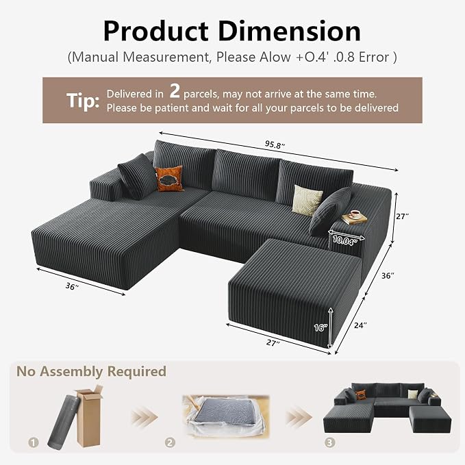 95" Cloud Sectional Couch U-Shaped Chaise with Ottoman, Corduroy Boneless Couch for Living Room Bedroom, Deep-Seat Upholstered Modular Cloud Sofa, No Assembly Required (Grey, Left Facing Chaise)