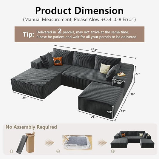 95" Cloud Sectional Couch U-Shaped Chaise with Ottoman, Corduroy Boneless Couch for Living Room Bedroom, Deep-Seat Upholstered Modular Cloud Sofa, No Assembly Required (Grey, Left Facing Chaise)