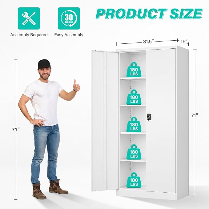 SISESOL White Metal Storage Cabinet with Adjustable Shelves,71" Tall Metal Cabinet with Locking Doors,Steel Cabinet with Lock,Lockable Storage Cabinets for Home,Office,Kitchen,Laundry,Pantry