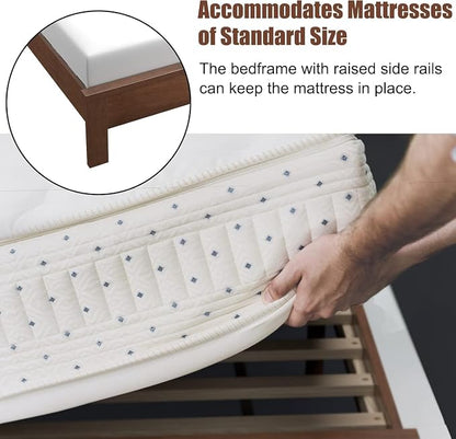 Wood Bed Frames with Headboard, Mid Century Bed Frame with Solid Wood Legs & Wooden Slat Support, Mattress Foundation Bed Base, No Box Spring Needed, (Walnut, Twin)