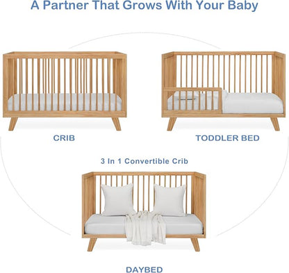 3-in-1 Astin Convertible Baby Crib - Including Toddler Guard Rail, Grows with Your Baby, Converts to Toddler Bed & Day Bed, 4 Adjustable Support Base Height | Natural with Guard Rail