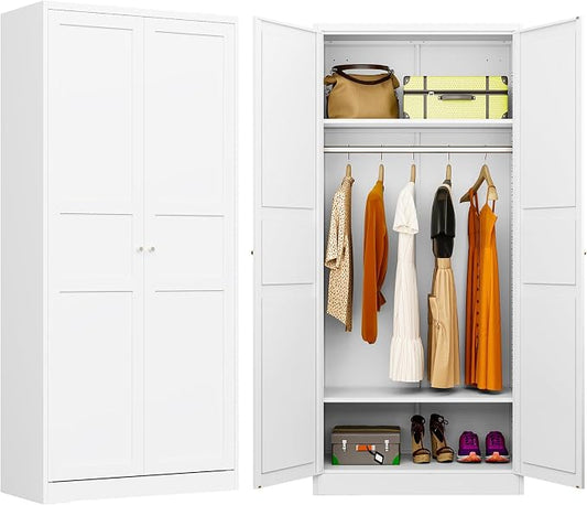 Metal Wardrobe Cabinet,Armoire Wardrobe Closet with doors,White Metal Clothing Storage Cabinet with Adjustable Shelves and Hanging Rod,72" Tall Cloth Storage Cabinets for Home,Bedroom Armoires,Laundry