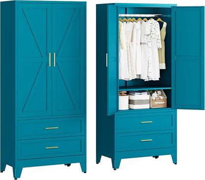 Metal Armoire Wardrobe Closet with Drawers, 71" Wardrobe Cabinet with Adjustable Shelves and Hanging Rod for Bedroom, Blue Metal Closet Storage Cabinet with 2 Doors & 2 Drawers