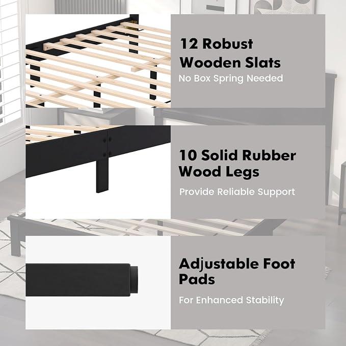 Giantex Wood Queen Platform Bed Frame with Headboard, Mid Century Bed Frame with Solid Wood Legs & Wooden Slat Support, Easy Assembly Supports 500 LBS, Black Bed