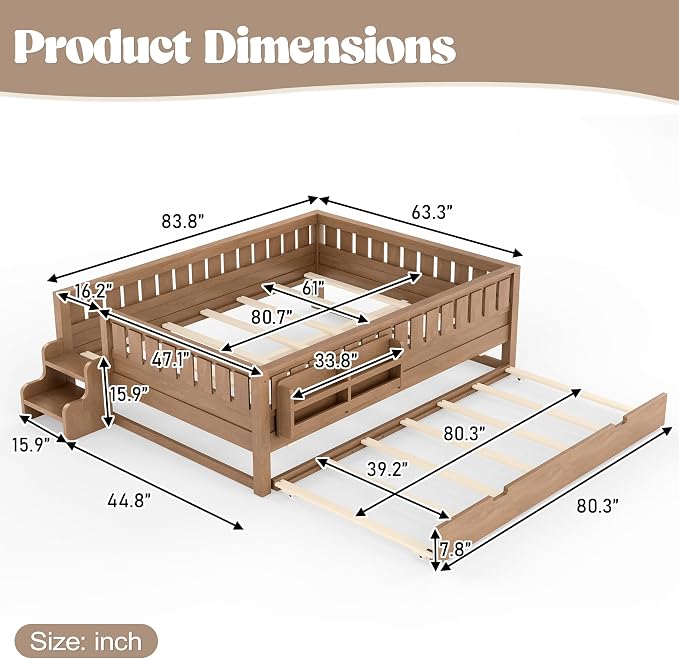 Bellemave Queen Kids Montessori Bed with Stairs, Bookshelf and Trundle, Solid Wood Kids Bed Frame with Storage for Boys Girls, Low Profile,Natural