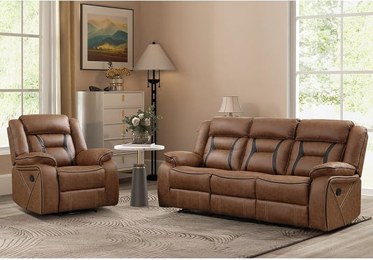 EBELLO Manual Recliner Sofa Set, Faux Leather Reclining Living Room Furniture Set, Included Recliner Chair and 3 Seat Manual Recline Sofa, Brown