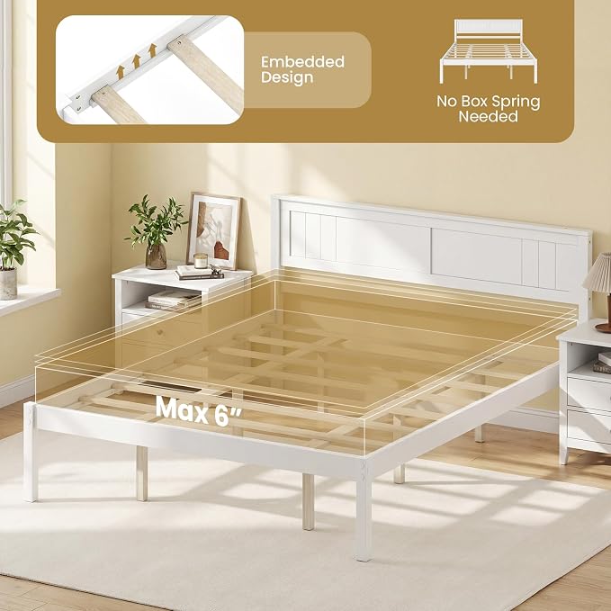 Giantex Queen Wood Platform Bed Frame with Headboard, Mid Century Queen Bed Frame with Wood Slat Support, Solid Wood Foundation with 16" Under Bed Storage, No Box Spring Needed, Easy Assembly (White)
