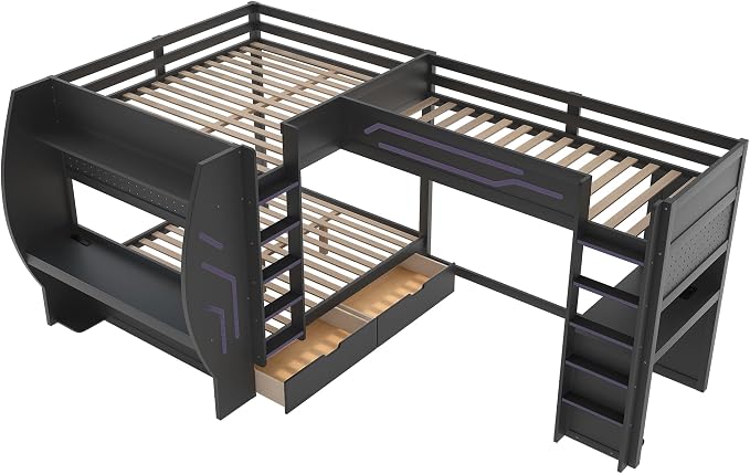 Twin&Full Over Full Triple Bunk Bed with Desk and Storage Drawers & LED,Charging Station,Solid Wood L-Shaped 3 Gaming Bunk Bed with Ladder,Guardrail,No Box Spring Needed (Black,Twin & Full Over Full)