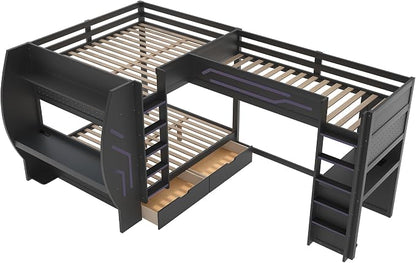 Twin&Full Over Full Triple Bunk Bed with Desk and Storage Drawers & LED,Charging Station,Solid Wood L-Shaped 3 Gaming Bunk Bed with Ladder,Guardrail,No Box Spring Needed (Black,Twin & Full Over Full)