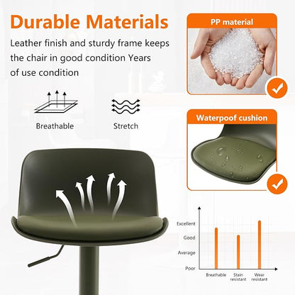 Kidol & Shellder Bar Stools Set of 6 Olive Green Adjustable Swivel Counter Height Stools, Modern PU Leather Upholstered with Back Solid Color Barstools for Kitchen Island