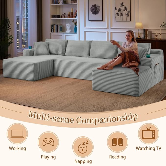 125" Modular Sectional Sleeper Sofa, Boneless Cloud Couch for Living Room, U Shaped 5 Seat Sofa with 2 Storage Pockets& 2 Cup Holders, Free Combination, No Assembly Required (Light Grey, 125")
