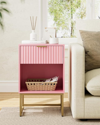 Masupu Fluted Nightstand, Modern Night Stand Wood Bedside Table with Storage Drawer Side End Table for Bedroom, Office, Pink