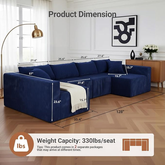 Claiks 128" Modular U‑Shaped Boneless Cloud Couch, Deep Seat Sectional Sofa with Double Chaise, No Assembly Required, Modern Oversized Couches for Living Room, Blue