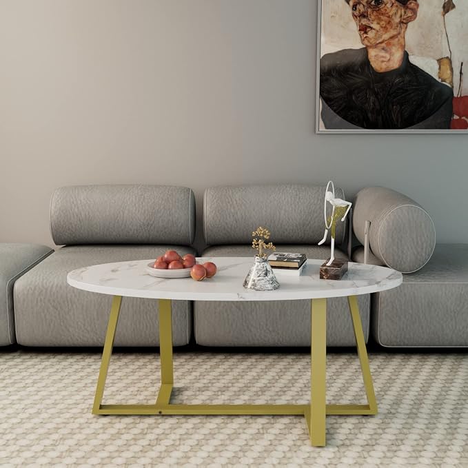 Wolawu Coffee Table White Faux Marble Coffee Table for Living Room,Oval Center Tables Modern Tea Table for Small Space,Wooden Living Room Tables End Table with Sturdy Gold Metal Leg