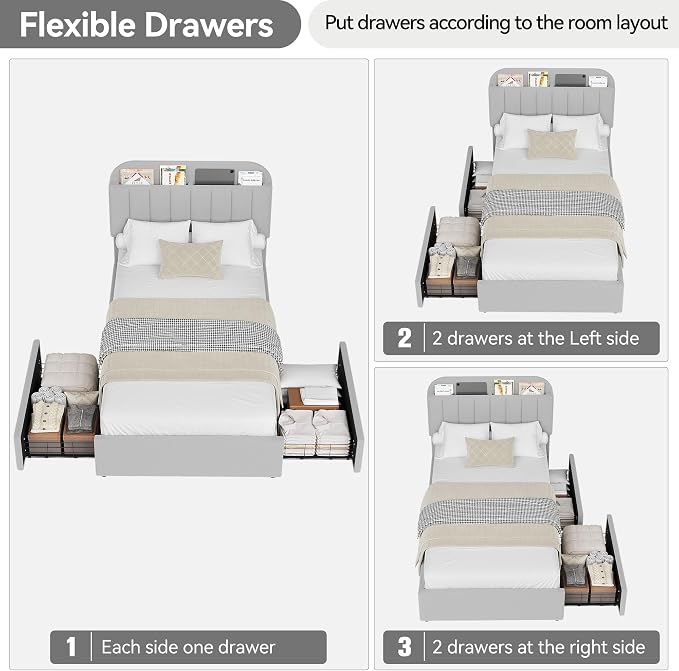 GarveeHome Twin Bed Frame with Storage Headboard, Kids Bed Frame with 2 Drawers, Boucle Upholstered Platform Bed with Bookcase, No Box Spring Needed, Easy Assembly, Light Gray