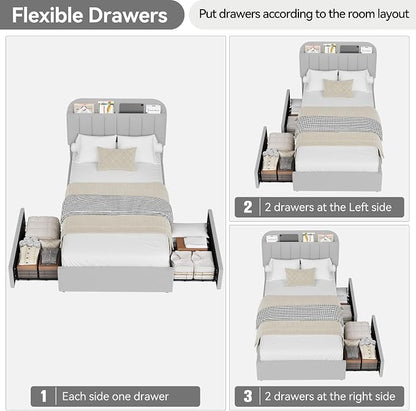 GarveeHome Twin Bed Frame with Storage Headboard, Kids Bed Frame with 2 Drawers, Boucle Upholstered Platform Bed with Bookcase, No Box Spring Needed, Easy Assembly, Light Gray
