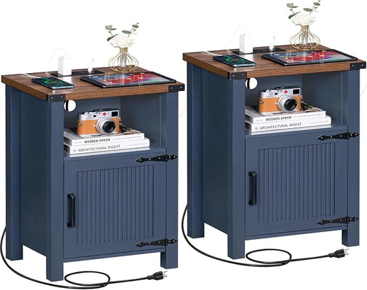 Joaxswe Night Stand Set of 2, 18 Inch Farmhouse Nightstand with with Charging Station and USB Port, Rustic Couch End Table with Magnetic Door, Wood Bed Side Tables for Bedroom, Home, Navy Blue