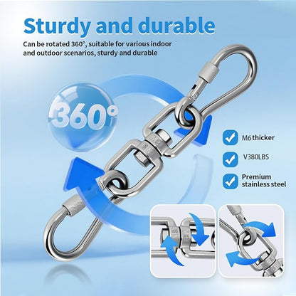 Aheucndg Heavy Duty Swivel Ring Double Ended Swivel Eye Hook, 304 Stainless Steel 1Pack Swivel Hooks + 2Pack Snap Hook, Easy Installation for Hanging Chair, Hammock, Boxing Bag, Gym M6