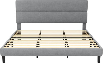 GRUSIGN King Size Platform Bed Frame with Velvet Headboard, Adjustable Height Wooden Slats Support, Upholstered Mattress Foundation, Fits Mattress or Mattress with Box Spring, Easy Assembly, Grey