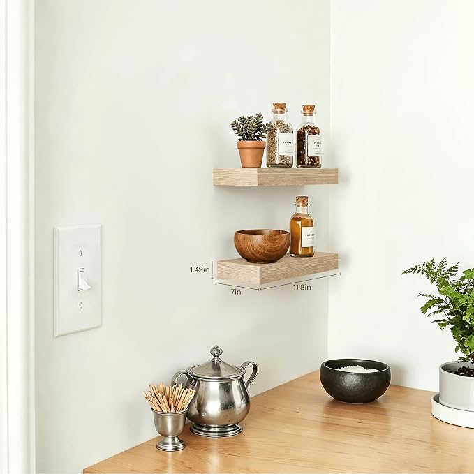 Oak Floating Shelves Set of 2,11.8 Inch Small Shelves for Walls,Wooden Shelf for Bathroom Over Toilet, Kitchen & Bedroom