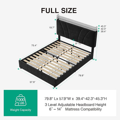 Novilla Full Size Bed Frame with Headboard, Full Size Bed Frame with Drawers, Full Bed Frame with LED Lights, Charging Station and Adjustable Headboard, No Box Spring Needed, Black Velvet