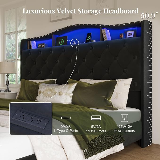 Belffin Queen Size Bed Frame and Headboard, 50.9" Velvet Upholstered Wingback Bedframe with LED Lights & Storage/Charging Station, Button Tufted Tall Footboard, No Box Spring Needed, Noise-Free, Black